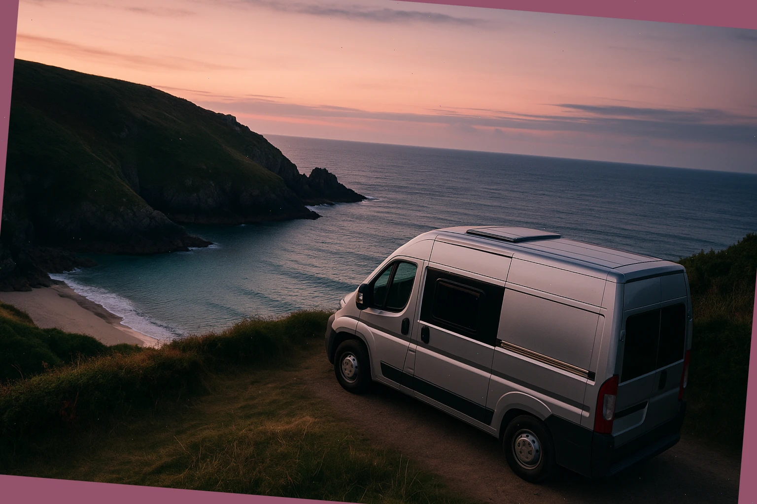 Two-berth campervan parked above a quiet Cornish cove at dusk