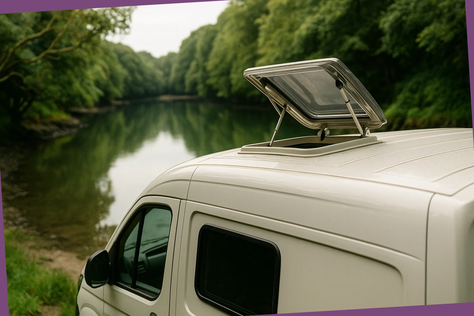 Camper roof vent open beside a quiet creek off the Helford River