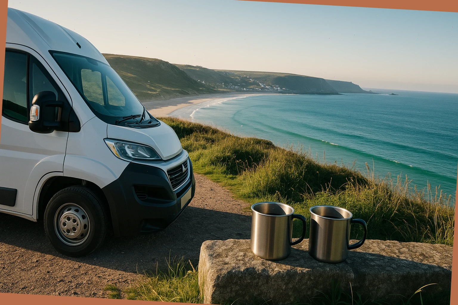 Compact camper and two mugs facing Sennen bay at a morning lay-by