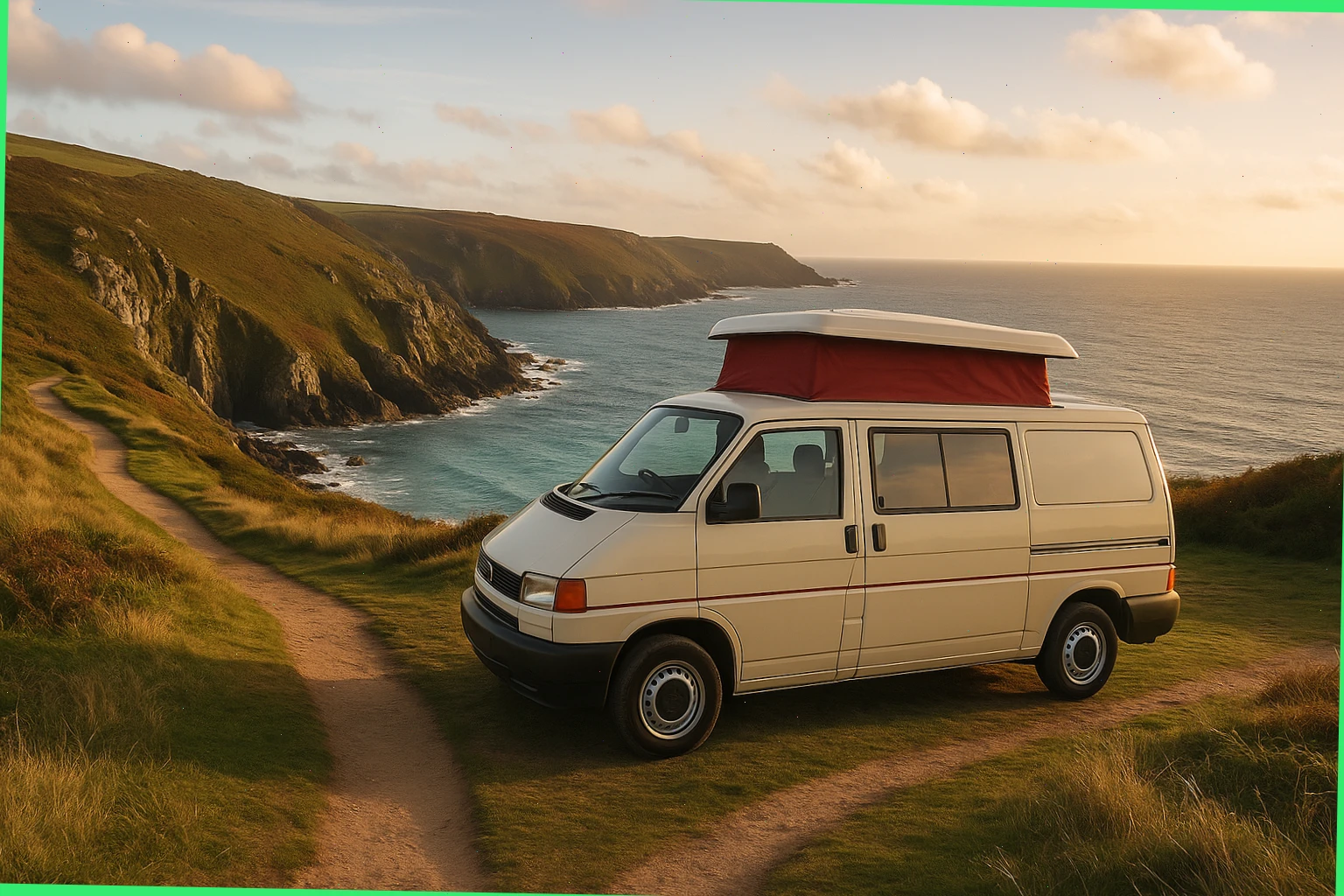 Campervan paused above Zennor headland with a short coast path nearby